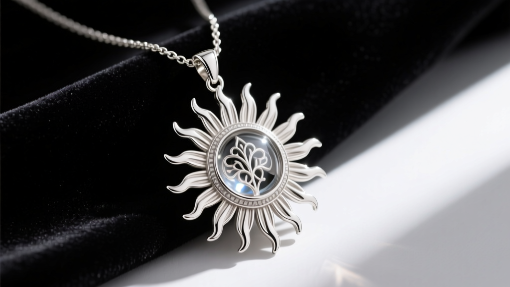 Detailed sterling silver monstrance necklace pendant with sunburst rays and clear glass center chamber resting on dark velvet backdrop.