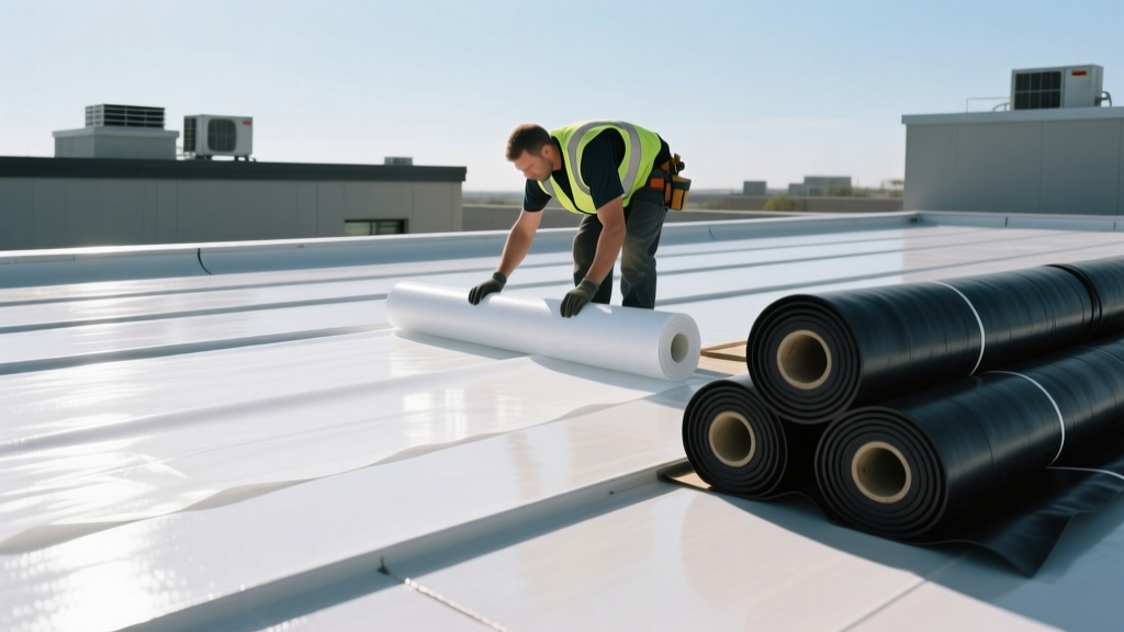 Commercial flat roof installation showing a worker unrolling a white TPO membrane next to black EPDM and reinforced PVC rolls