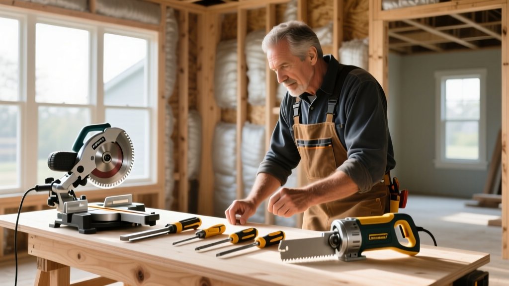 Professional carpenter evaluating a stacked selection of miter, track, and reciprocating saws on a plywood workbench at a framed residential job site
