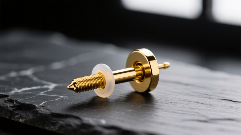 Macro shot of a 14k yellow gold earring post with a precision-machined screw back and silicone O-ring resting on dark slate