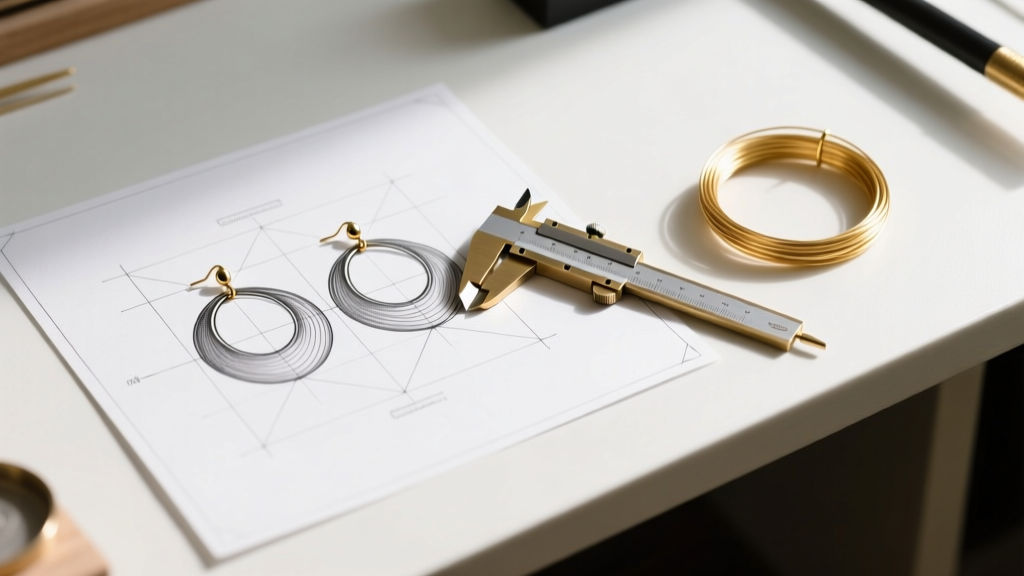 Top-down view of a workbench showing a technical graphite hoop earrings drawing next to a brass caliper and a polished gold wire.