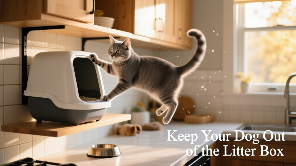 Litter box placed on a high shelf with a cat climbing up to access it