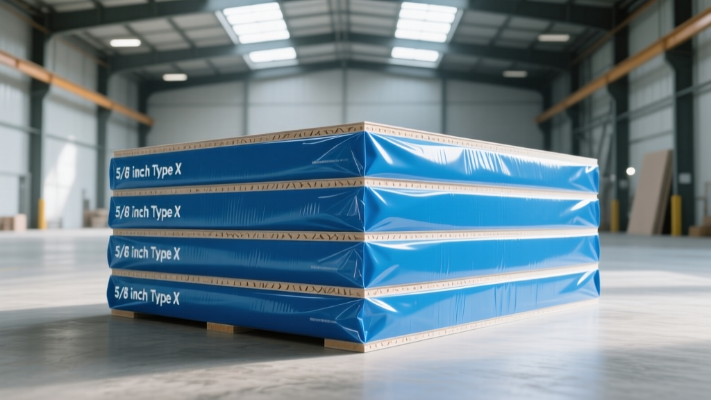 Stacked pallets of 5/8-inch Type X gypsum wall board in a warehouse, showing tapered edges and blue moisture-resistant packaging