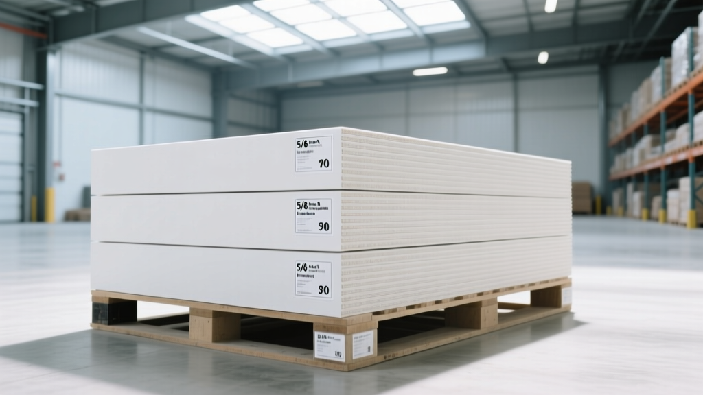 Stacks of 5/8-inch Type X fire-rated gypsum board on pallets in a bright commercial warehouse with visible pricing tags.