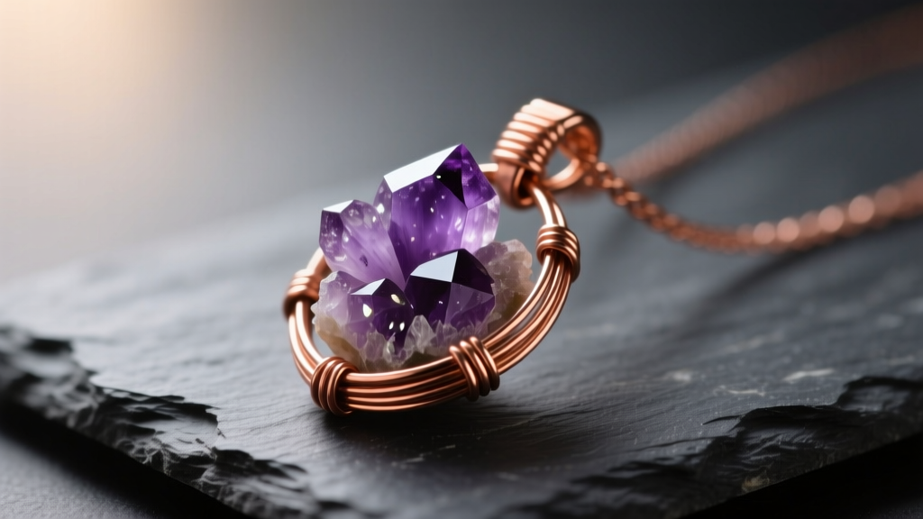 Polished copper wire-wrapped pendant with a raw amethyst cluster resting on dark slate under soft, warm directional lighting.