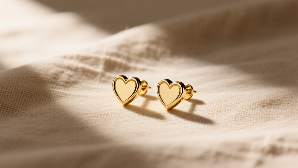 Flat lay of authentic Agnes B gold vermeil heart stud earrings on textured beige linen with soft natural window lighting