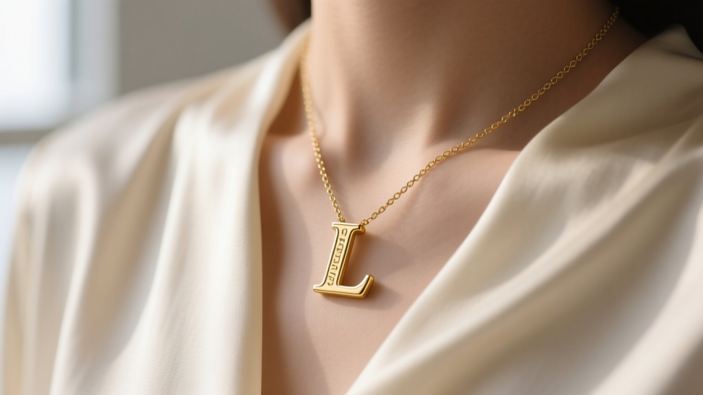 Close-up of a delicate 14k yellow gold letter L necklace on a silk blouse collarbone, illuminated by soft natural window lighting.