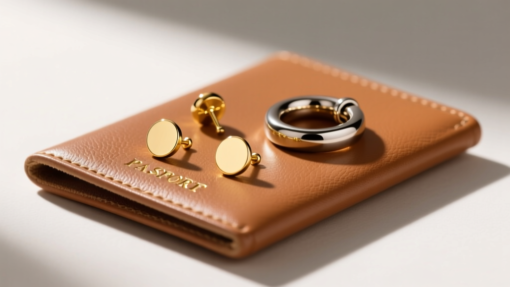 Flat lay of minimalist 14k solid gold flat-back studs and seamless titanium huggies resting on a leather passport holder.