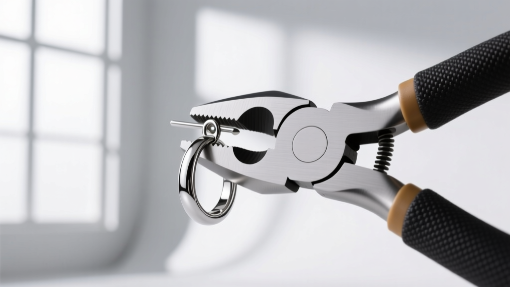 Nylon pliers squeezing a silver push back earring back to increase friction on a clean, well-lit jeweler