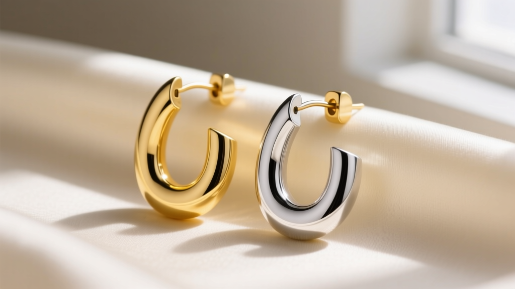 Mixed-metal U-shaped drop earrings on cream silk, showing contrast between yellow gold and bright silver rhodium plating.