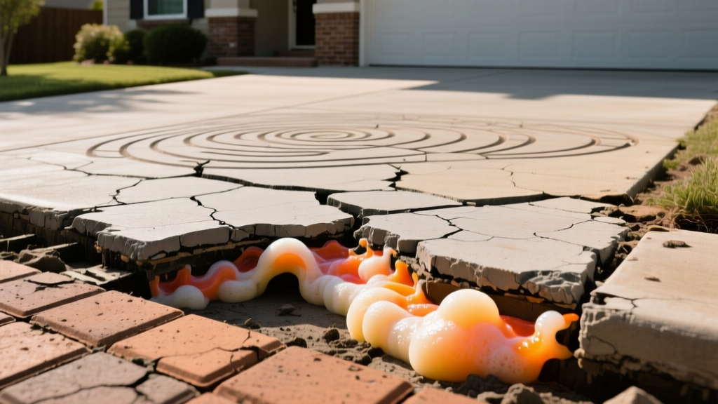 Cracked stamped concrete injected with polyurethane foam beside sunken clay pavers lifted for base repair in a residential driveway