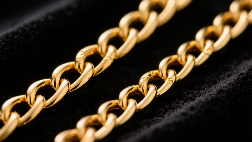 Macro shot of 14k and 18k gold chain links side by side, showing distinct yellow tones and metal thickness on dark velvet fabric