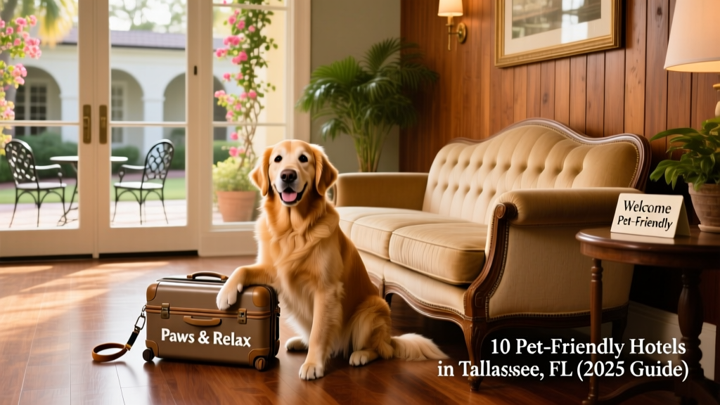 A cheerful golden retriever sitting beside a cozy hotel lobby sofa with luggage nearby