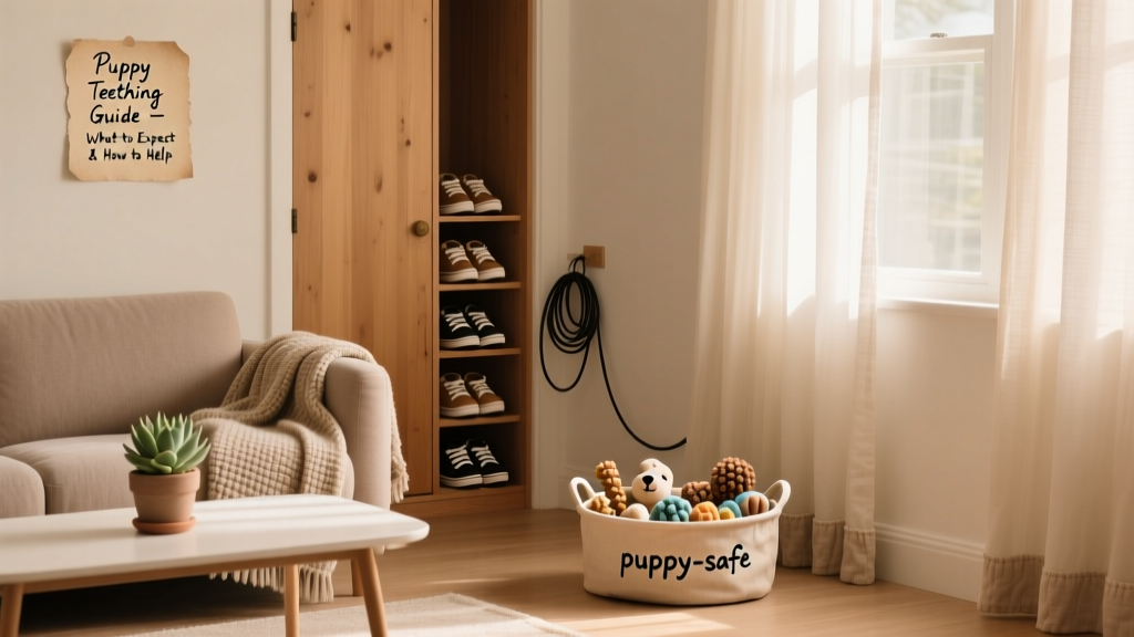 Organized living room with chew toys in a designated basket, cords neatly secured, and shoes stored in a closed closet