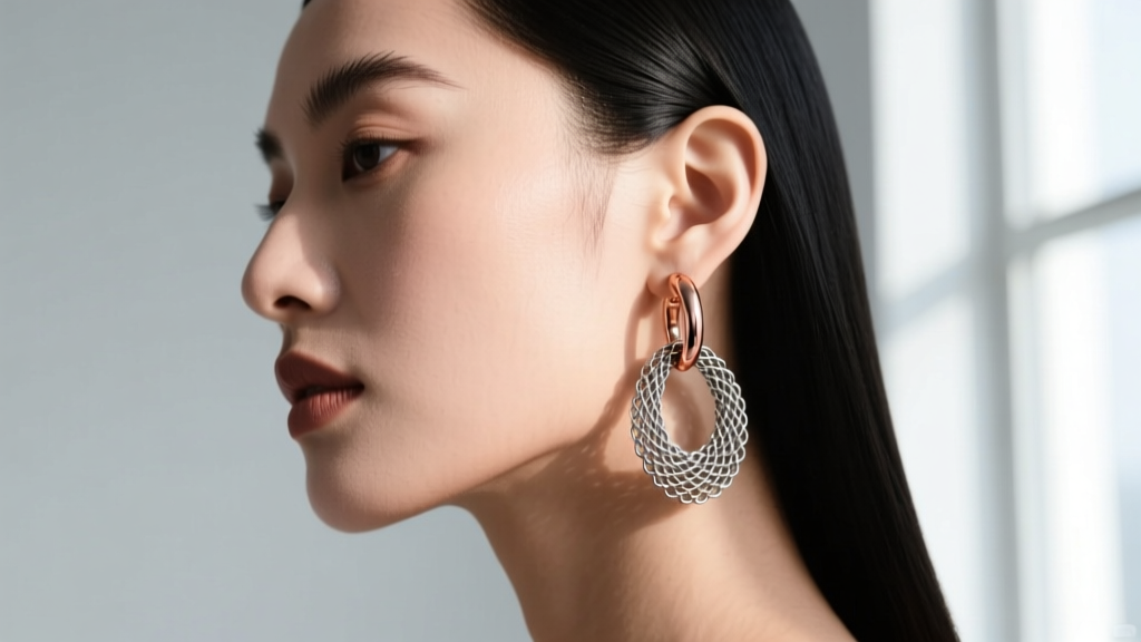 Side profile of a model wearing asymmetric earrings with micro-chainmaille earring jump rings in oxidized silver and rose gold.