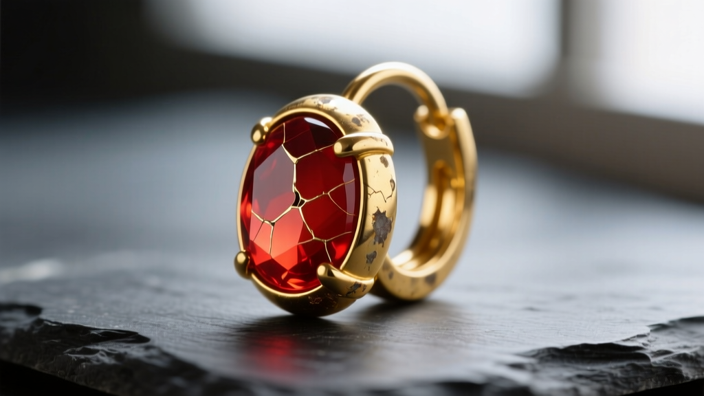 Macro shot of a tarnished 14k yellow gold huggie earring with a cracked red carnelian cabochon resting on dark slate
