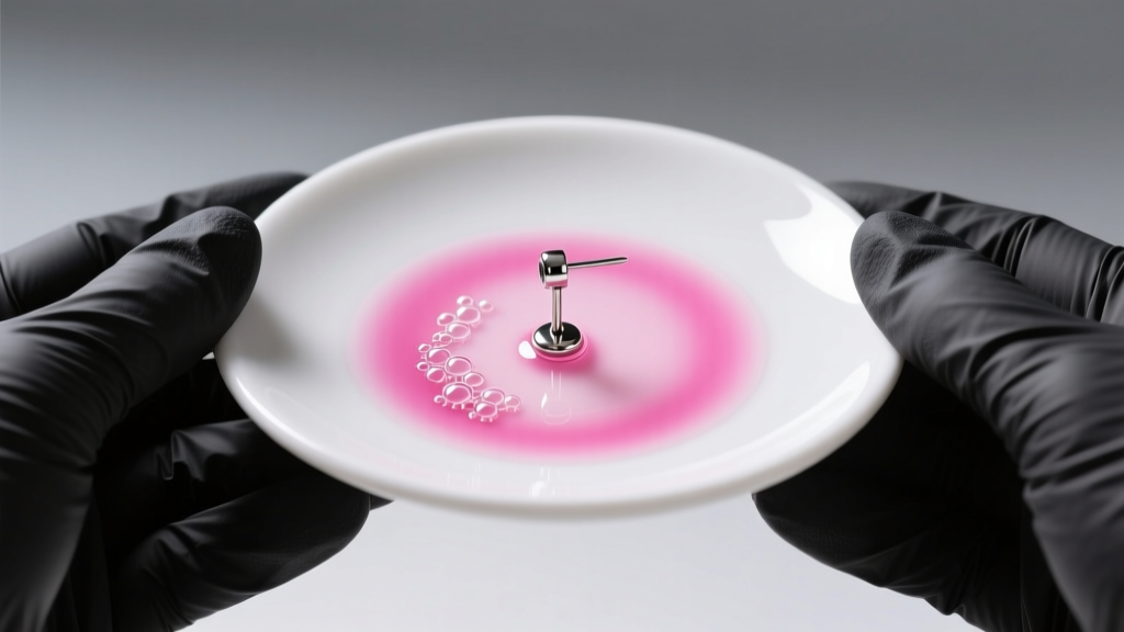 Black nitrile gloves holding a ceramic spot plate with pink nickel test solution reacting to a stainless steel earring post.