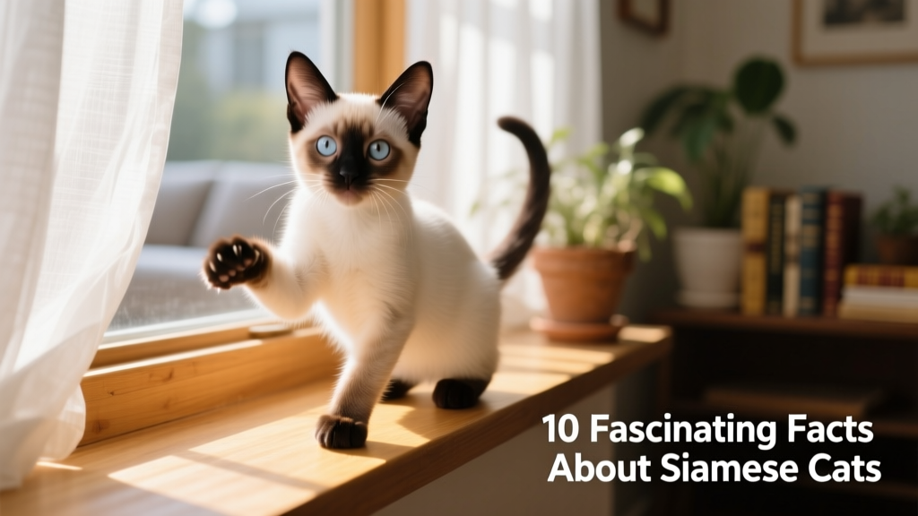 A playful Siamese kitten perched on a sunlit windowsill, showing off its classic pointed markings