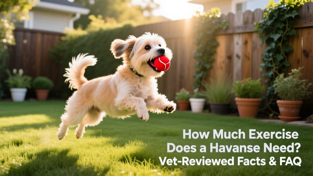 A smiling Havanese playing fetch in a sunlit backyard