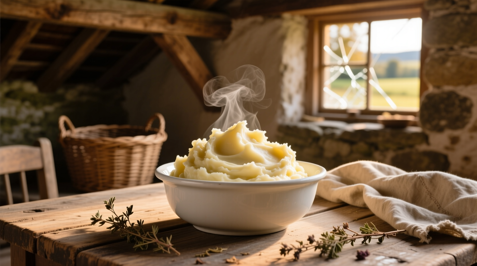Creamy mashed potatoes in white bowl with rustic background