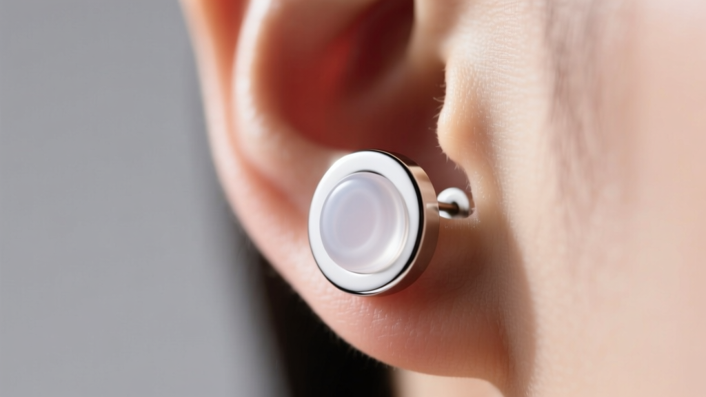 Macro photo of a silver magnetic earring back with a clear silicone pad resting against a softly blurred human earlobe.