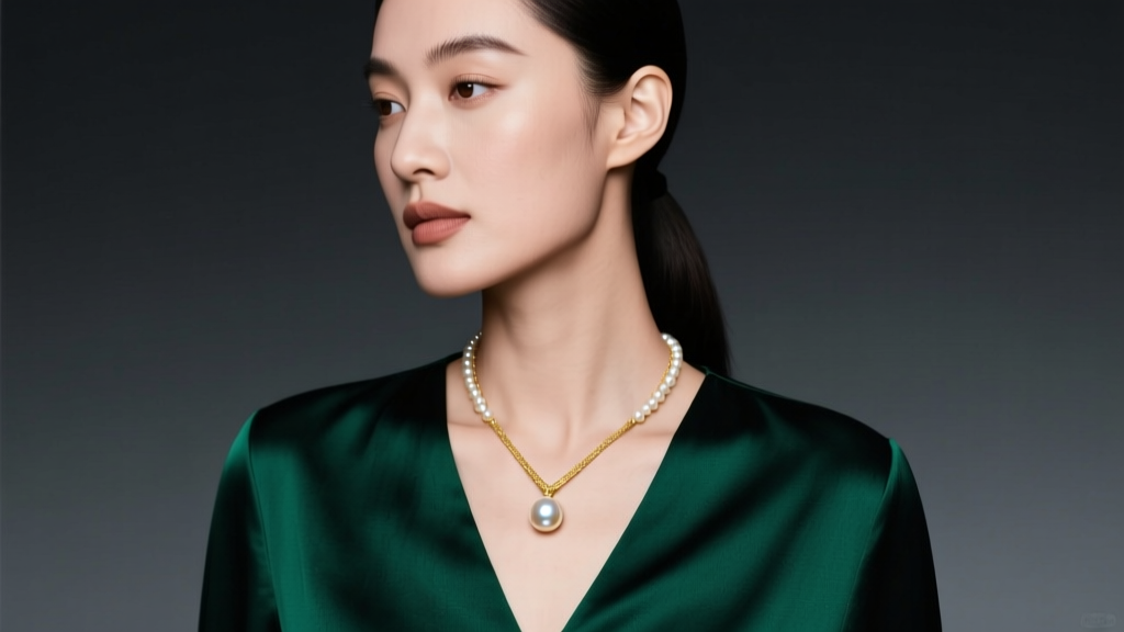 Elegant model wearing a delicate 18k gold pearl Y necklace with a single 8mm Akoya pearl drop against a dark emerald silk blouse