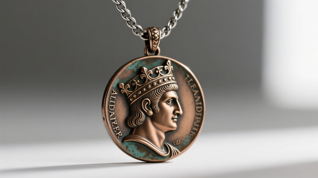 Close-up of an Alexander the Great coin necklace with a detailed bronze replica pendant on an oxidized sterling silver chain.