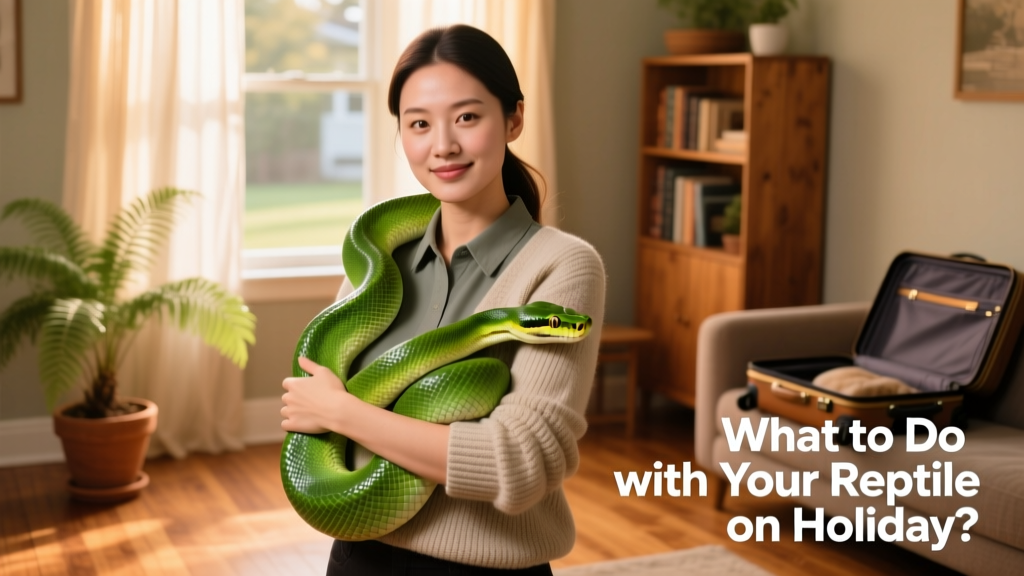 A calm, confident pet sitter gently holding a healthy snake in a home setting