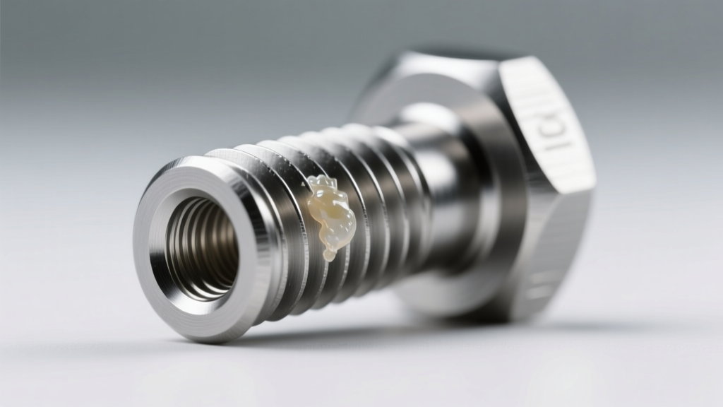Macro photography of a 16g internally threaded titanium flat back post showing minor sebum buildup near the screw thread joint