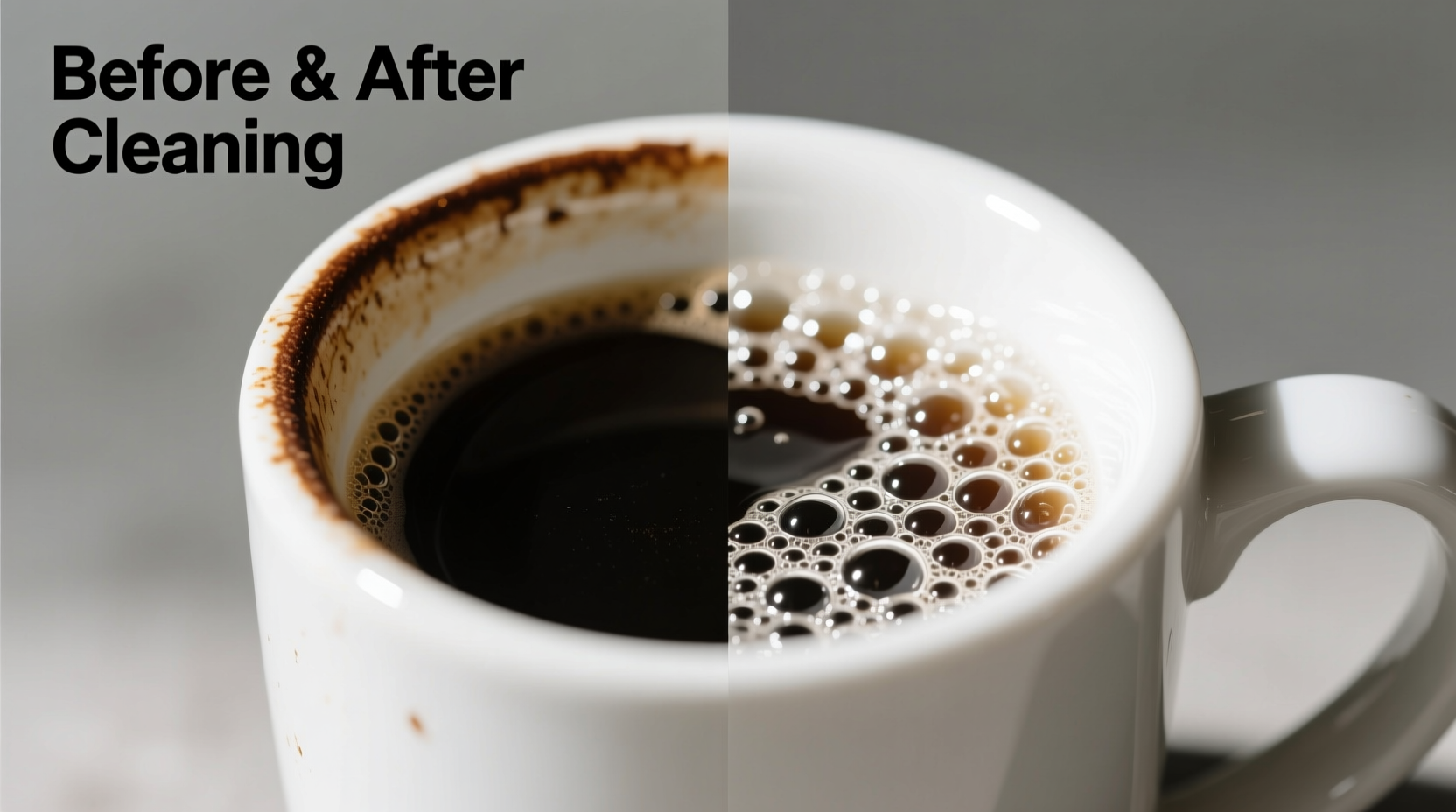 Close-up photo of a white ceramic mug before and after treatment: left side shows brown ring near rim, right side shows uniform bright white glaze with visible fizzing action mid-process