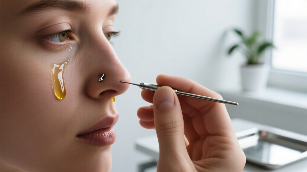 Hands gently inserting a sterile steel taper into a shrunken nostril piercing, with jojoba oil visible in the blurred background