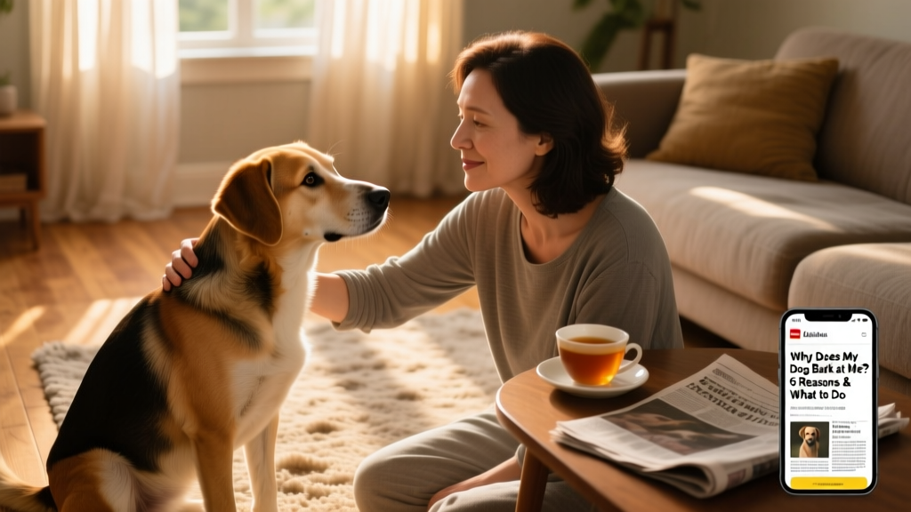 A calm dog making gentle eye contact with their owner in a sunlit living room
