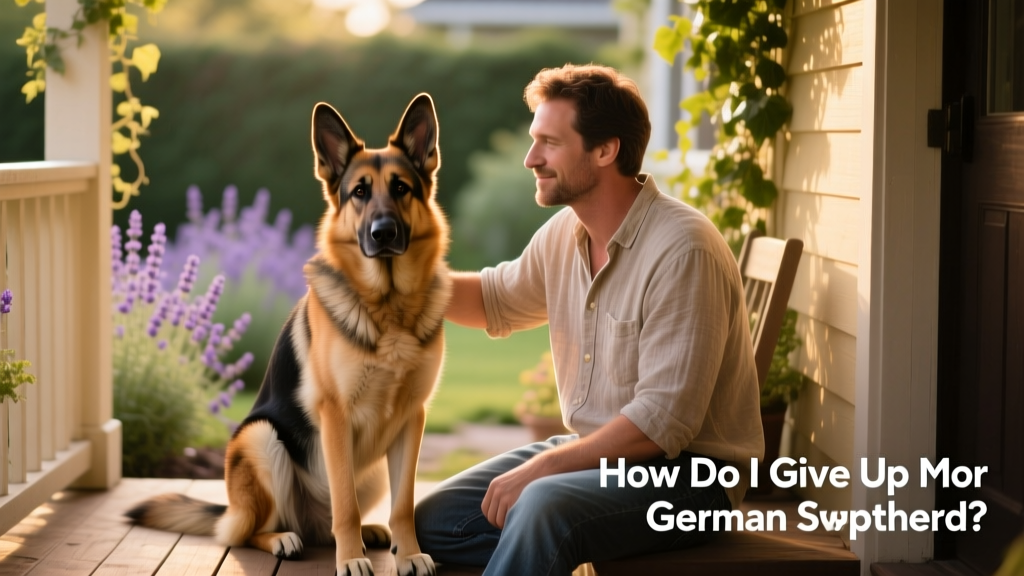 A calm, well-groomed German Shepherd sitting beside its owner on a sunlit porch