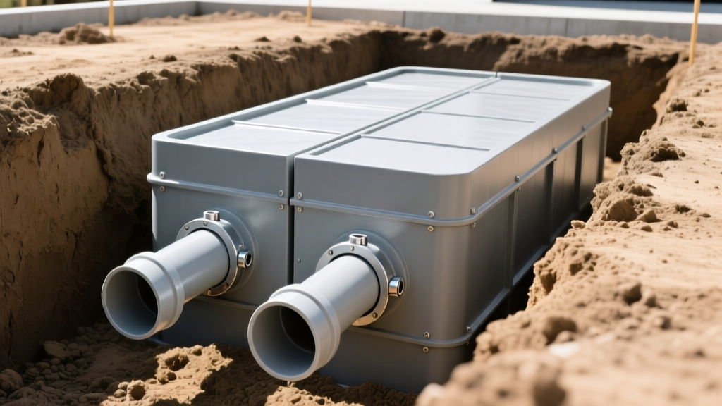 Heavy-duty polyethylene brick trap interceptor installed in a dirt trench at a masonry site with PVC inlet pipes connected