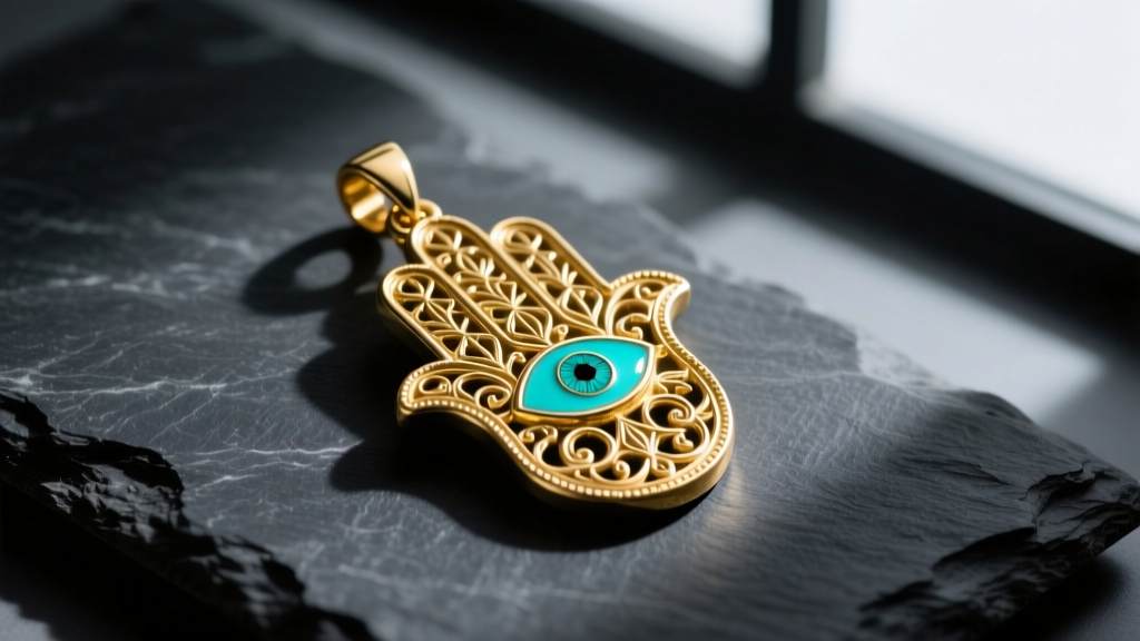 14k solid gold hamsa hand pendant with turquoise vitreous enamel evil eye, resting on dark slate in soft, moody natural lighting.