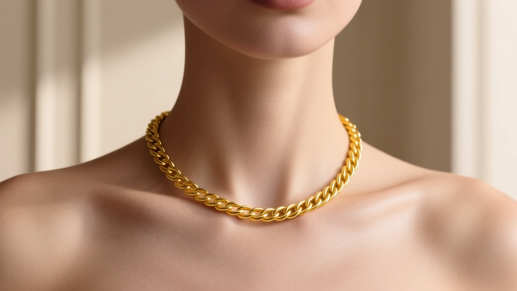 Close-up of a woman wearing a delicate 14k yellow gold cable chain necklace resting on her collarbone in soft natural light