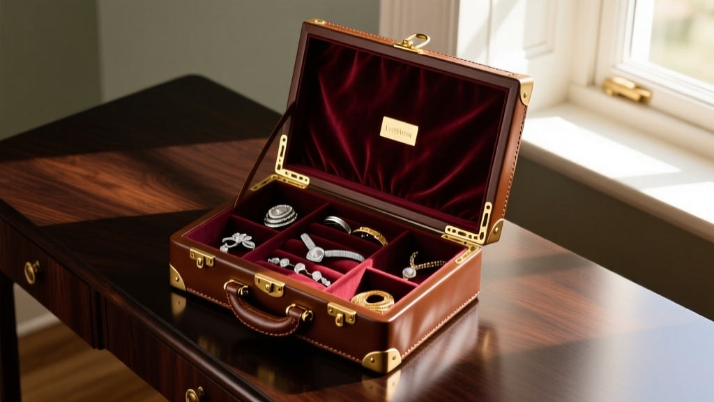 Top-down view of an open mahogany-brown London leather jewelry box with brass hinges on a dark oak vanity table