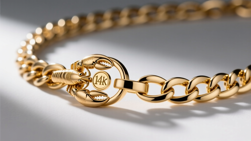 Close-up of 14k gold lobster clasp and hallmark stamp on a thick chain necklace, showing crisp metal detailing and bright polish