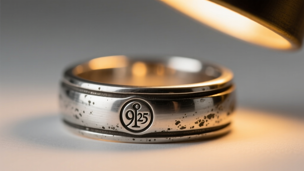 Close-up macro shot of a vintage 925 sterling silver hallmark stamped inside a thick band ring, illuminated by a warm desk lamp.