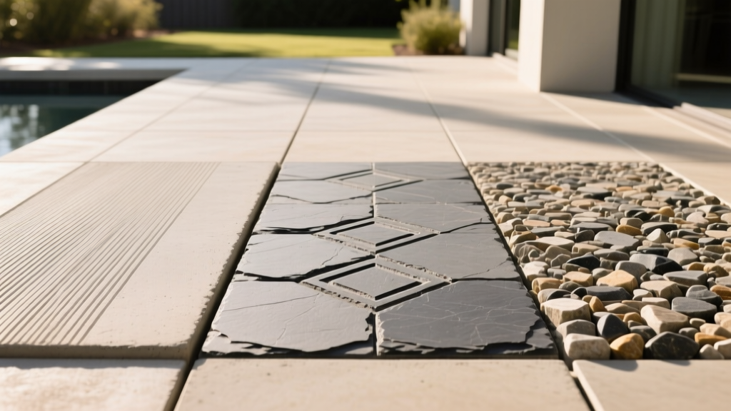 Patio showcasing three concrete textures side-by-side: broom finish, stamped slate pattern, and exposed aggregate in bright sunlight