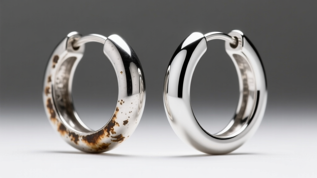 Close-up of tarnished 925 silver hoop next to a polished Argentium 935 silver mens hoop earring under bright studio lighting setup
