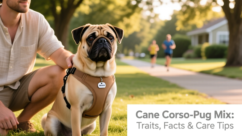 A well-trained Corso Pug sitting attentively beside its owner during a park outing, wearing a comfortable harness