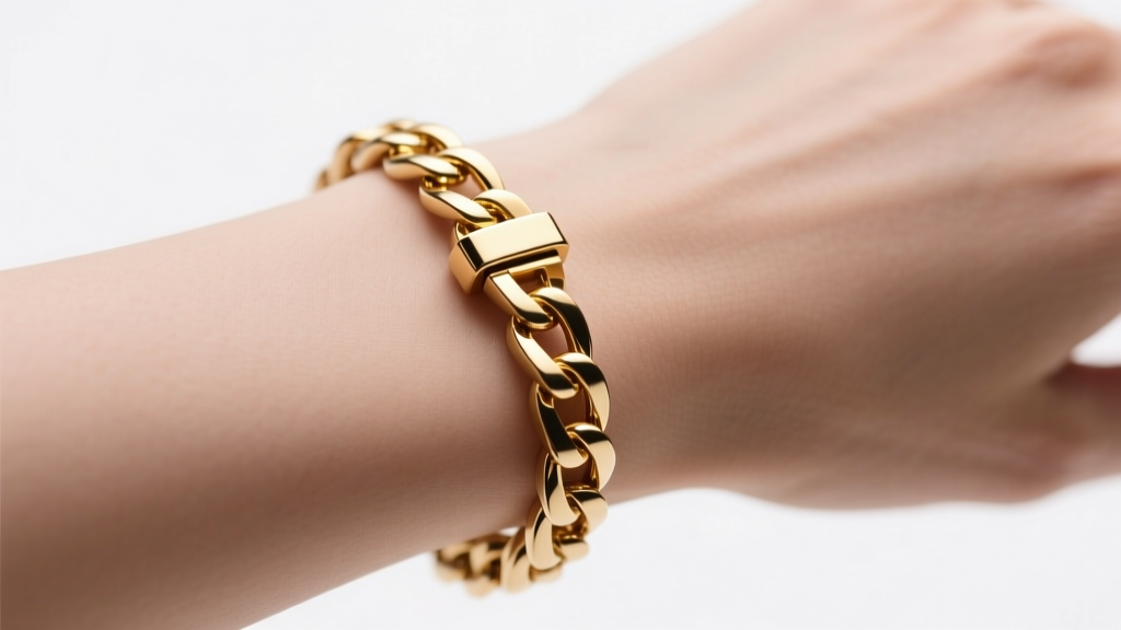Macro shot of a modular 14k gold chain bracelet featuring a seamless magnetic clasp mechanism, resting elegantly on a bare wrist