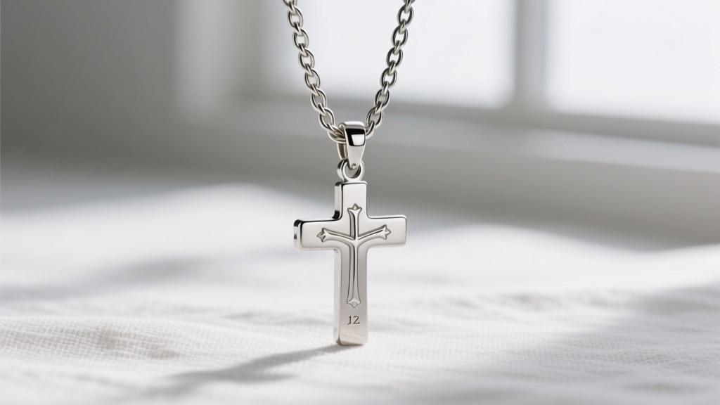 A 1.2mm stainless steel rope chain threaded through a polished silver Methodist cross bail, shown against a soft linen background