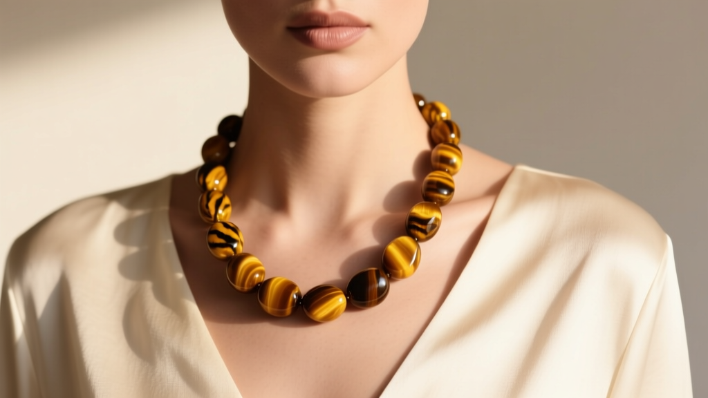 Close-up of model wearing an 18-inch tigers eye beaded necklace over a cream V-neck top, highlighting golden stones in daylight.