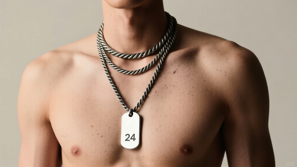Male model wearing a layered necklace stack featuring a 24-inch dog tag and a 20-inch oxidized silver rope chain on bare skin.