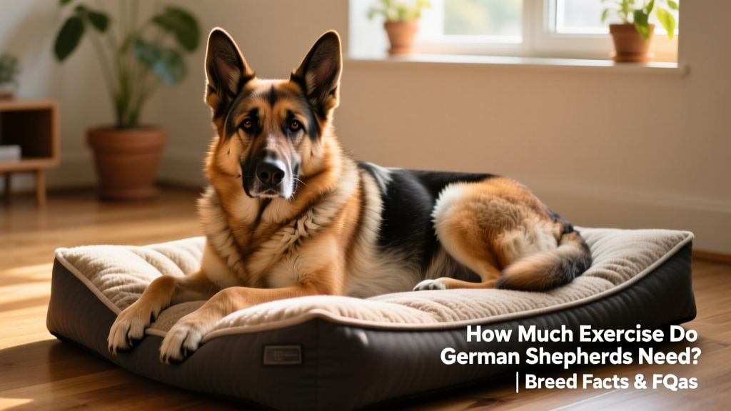 A German Shepherd resting comfortably on a supportive orthopedic dog bed after a long day of activity