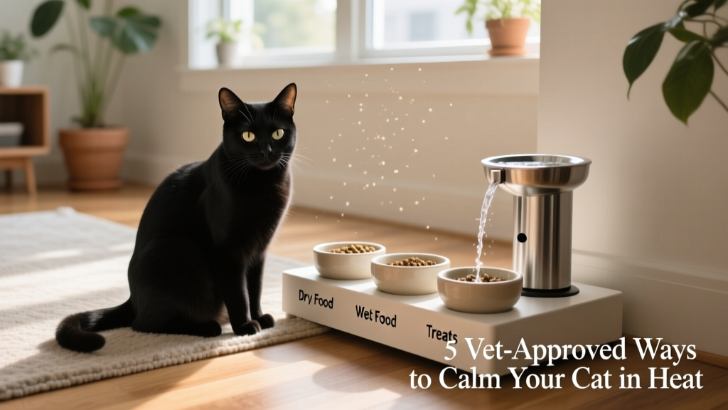 Cat sitting calmly beside a tidy feeding station with labeled bowls and a water fountain