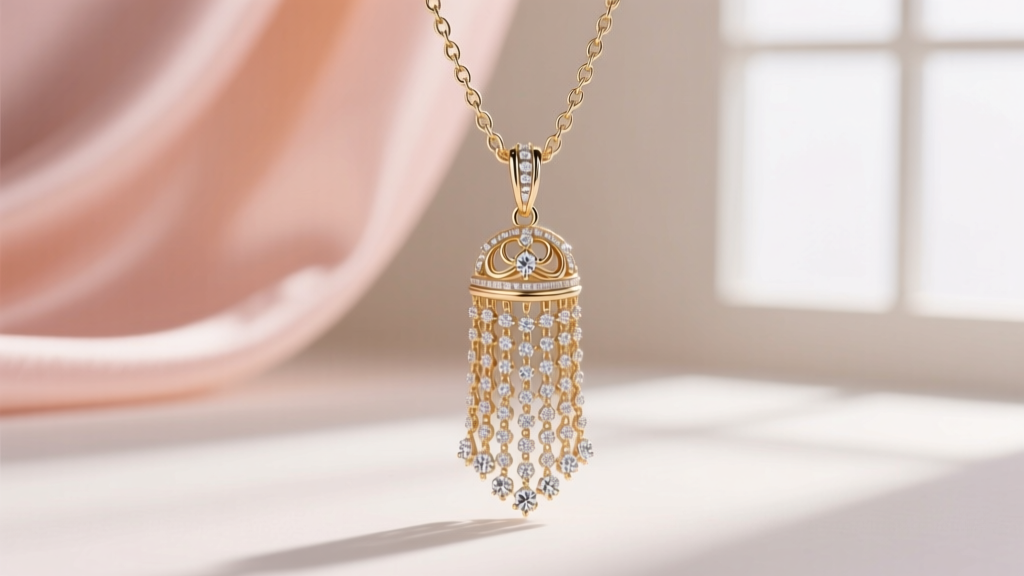 Close-up of an 18k white gold tassel pendant with pavé-set brilliant diamonds, photographed against a soft blush silk background.