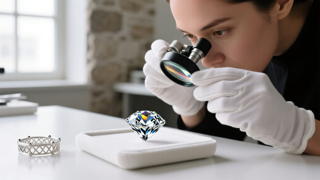 Jeweler using a 10x loupe to inspect the girdle of a loose one-carat diamond before setting it into a white gold basket mount